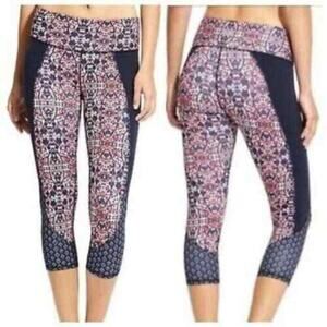 Athleta Chatarunga Floral Print Cropped Leggings in Orange/Navy Blue Size Medium